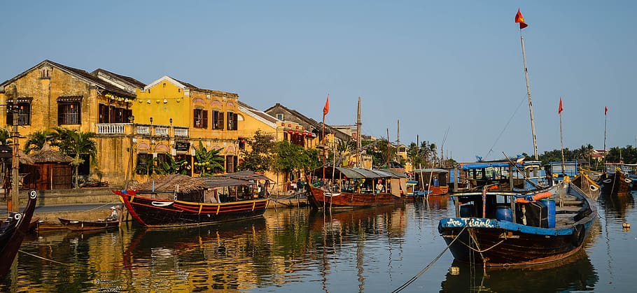 Hoi an at Night, yellow, nautical vessel, moored, flag Free HD Wallpaper