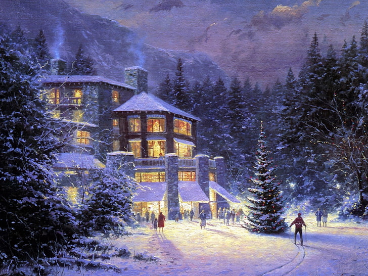 Kinkade Christmas Paintings, built structure, architecture, frost, beauty in nature