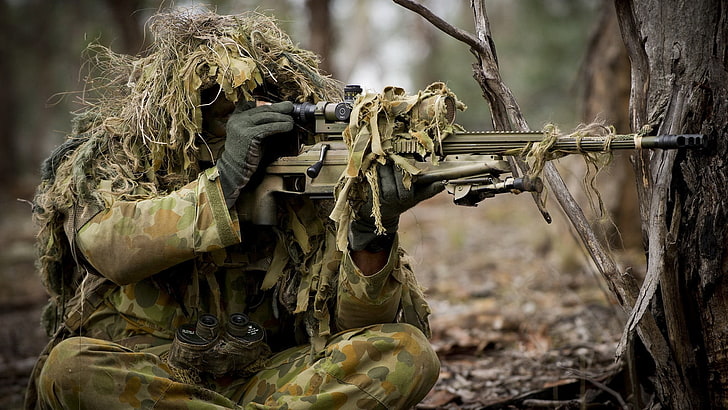 Military Sniper Gear, weapon, military uniform, trees, camouflage clothing Free HD Wallpaper