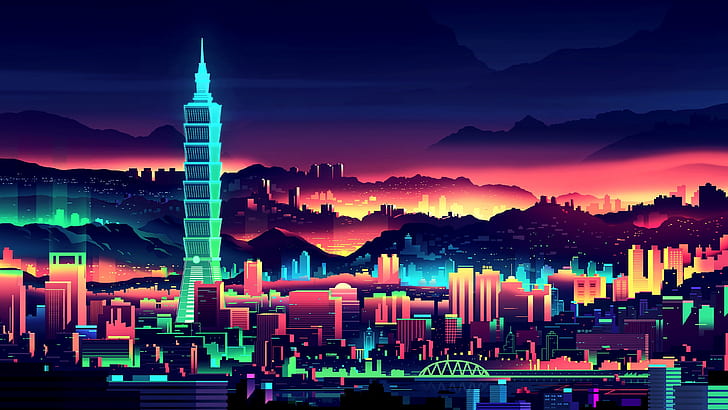 Neon City, synth, skyscraper, sintav, by romain trystram Free HD Wallpaper