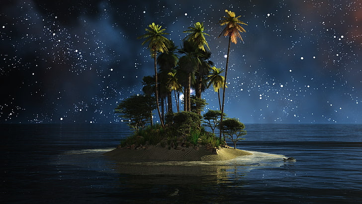 Night Mountains Stars, night sky, midnight, sea, islet Free HD Wallpaper