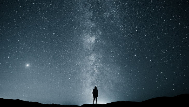 Night Sky Stars Galaxy, standing, mountain, back lit, tranquility