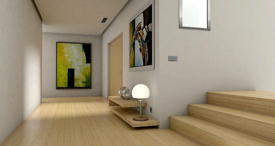 Office Hallway, furniture, interior, 3d design, entrance hall Free HD Wallpaper