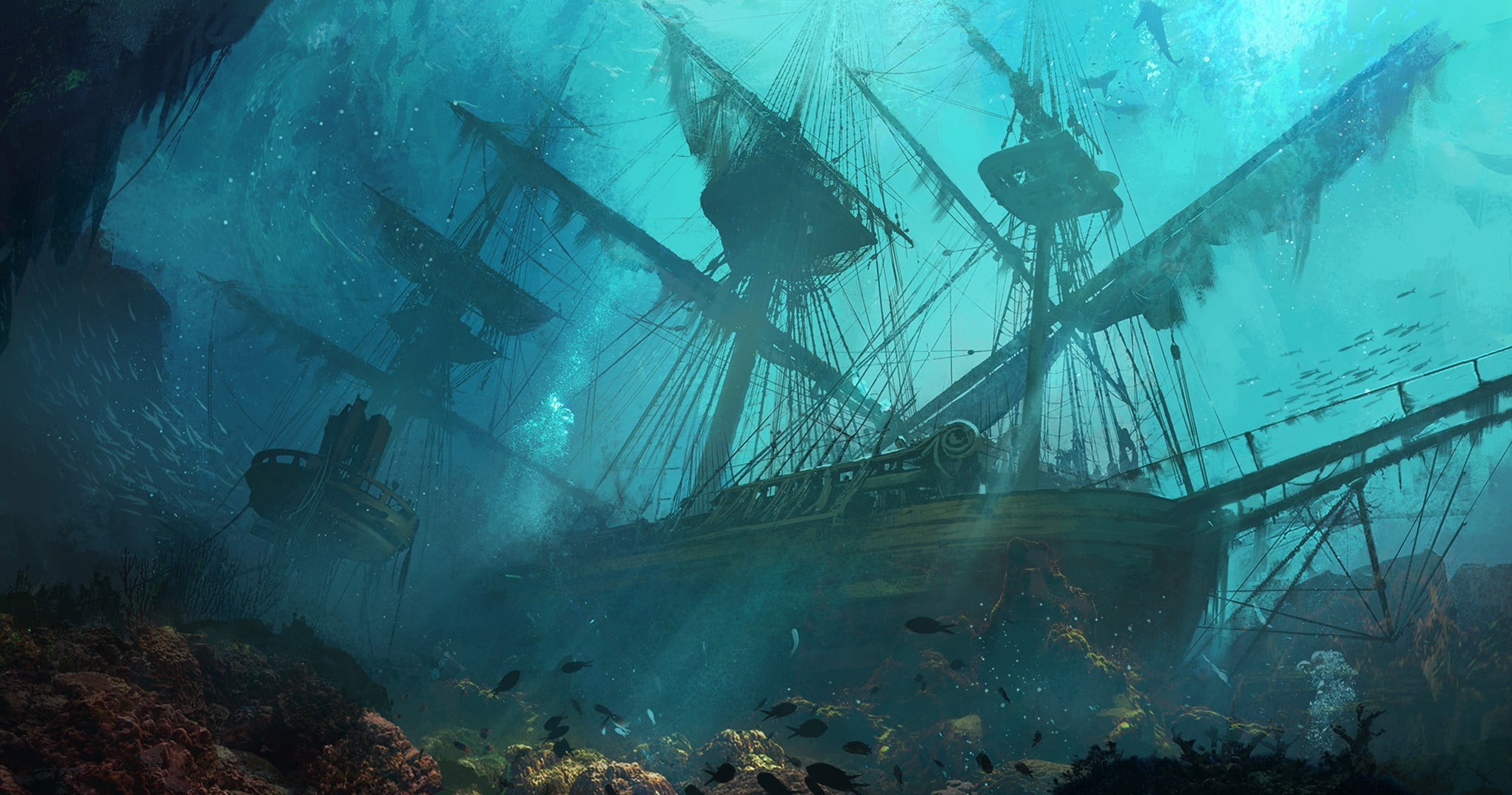 Sunken Pirate Ship Discovered, cyan, ruined, mode of transportation, sailboat