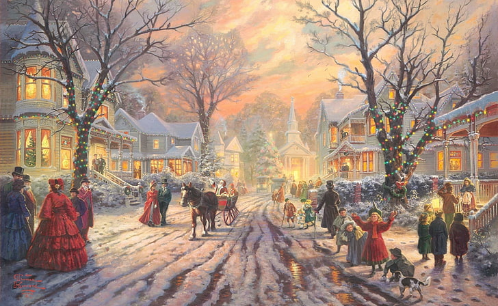 Thomas Kinkade Christmas Puzzles, winter, outdoors, carol, tree Free HD Wallpaper