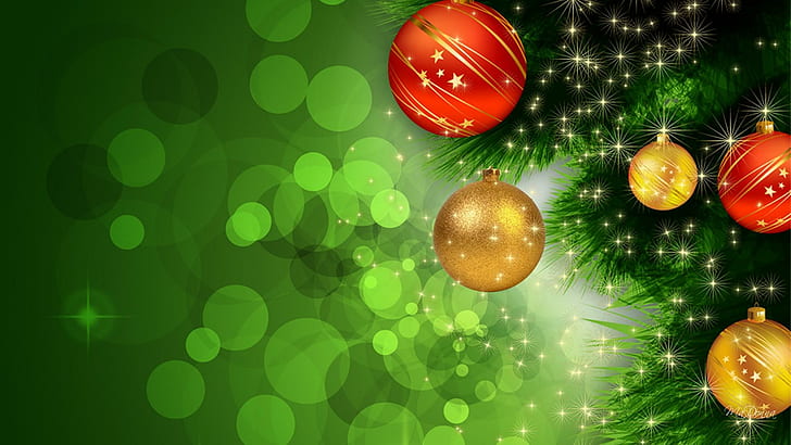 Yule Greens, glow, green, gold stars, gold Free HD Wallpaper