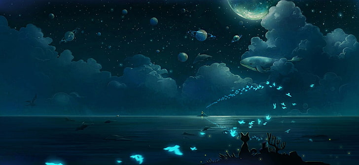 Beautiful Night Sky Art, animal wildlife, whale, sea, group of animals