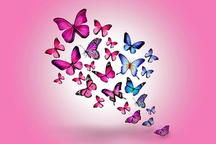 Beautiful Pink Butterflies, celebration, purple background, copy space, still life