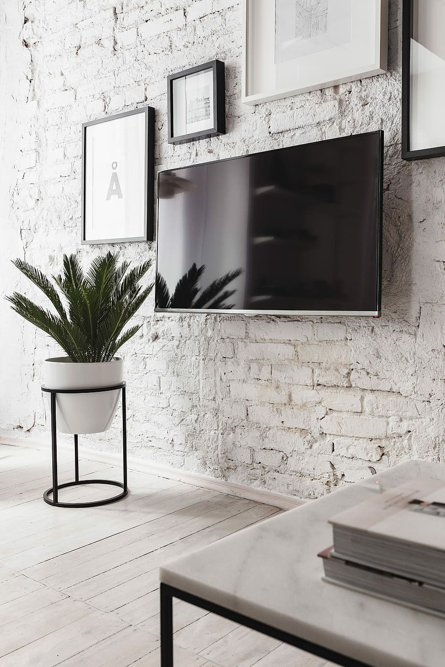 Black Gold and Green Living Room, plant, marble table, white walls, no people