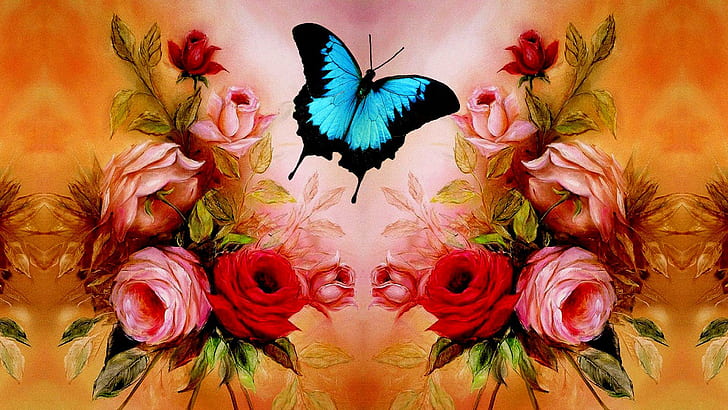 Butterflies N' Roses, butterfly, blue, roses, 3d and abstract