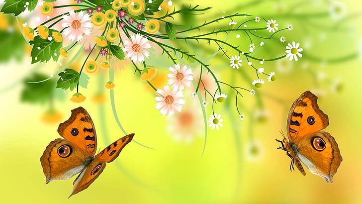 Butterfly Pink Flowers, flowers, design, vector, butterfly Free HD Wallpaper