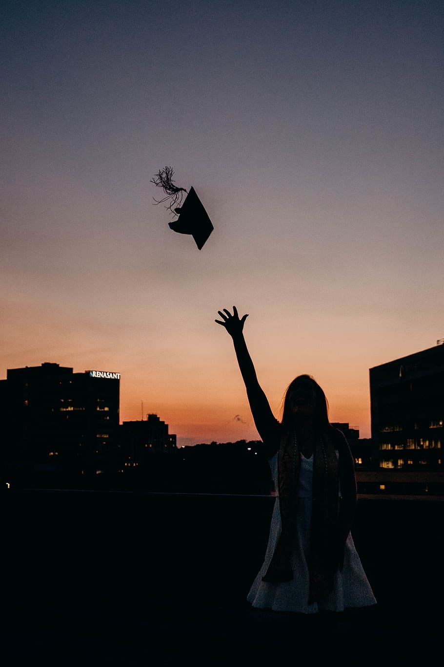 College Graduation Photo Ideas, outdoors, arms raised, throwing, silhouette Free HD Wallpaper