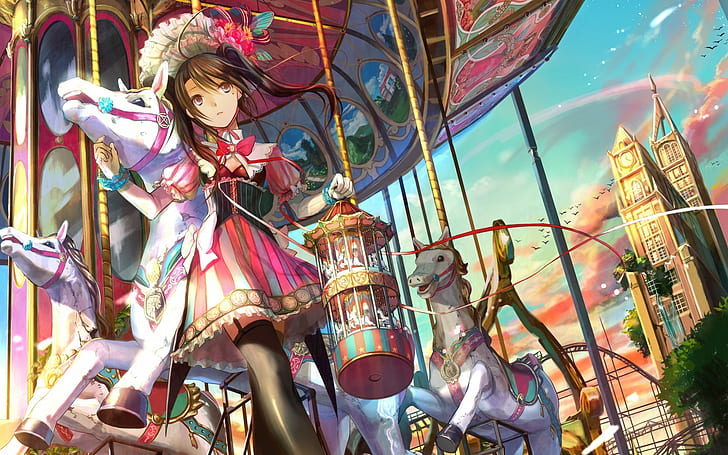 Cool Japanese Anime Drawings, carousel, pink dress, brunette, circus Free HD Wallpaper