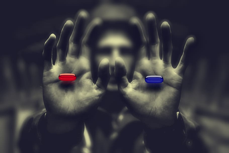 Matrix Red Pill Blue Pill Line, indoors, human limb, blur, dom Free HD Wallpaper