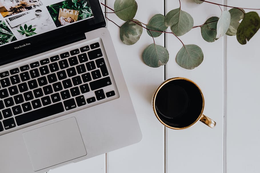 Office Desk with Laptop and Coffee, wireless technology, computer key, cup, macbook Free HD Wallpaper