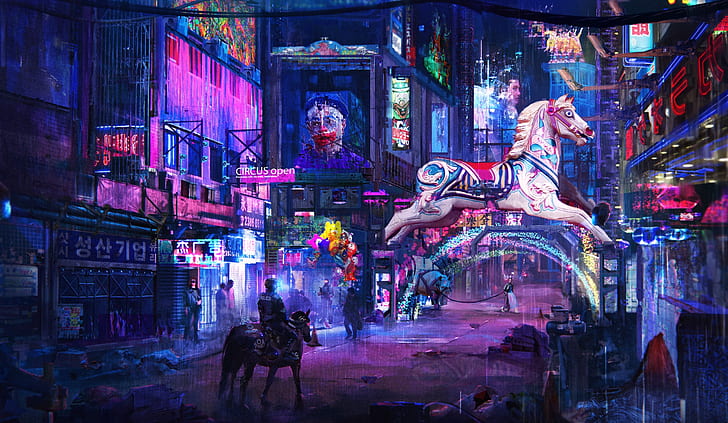 sergii golotovskiy, neon lights, science fiction, stores