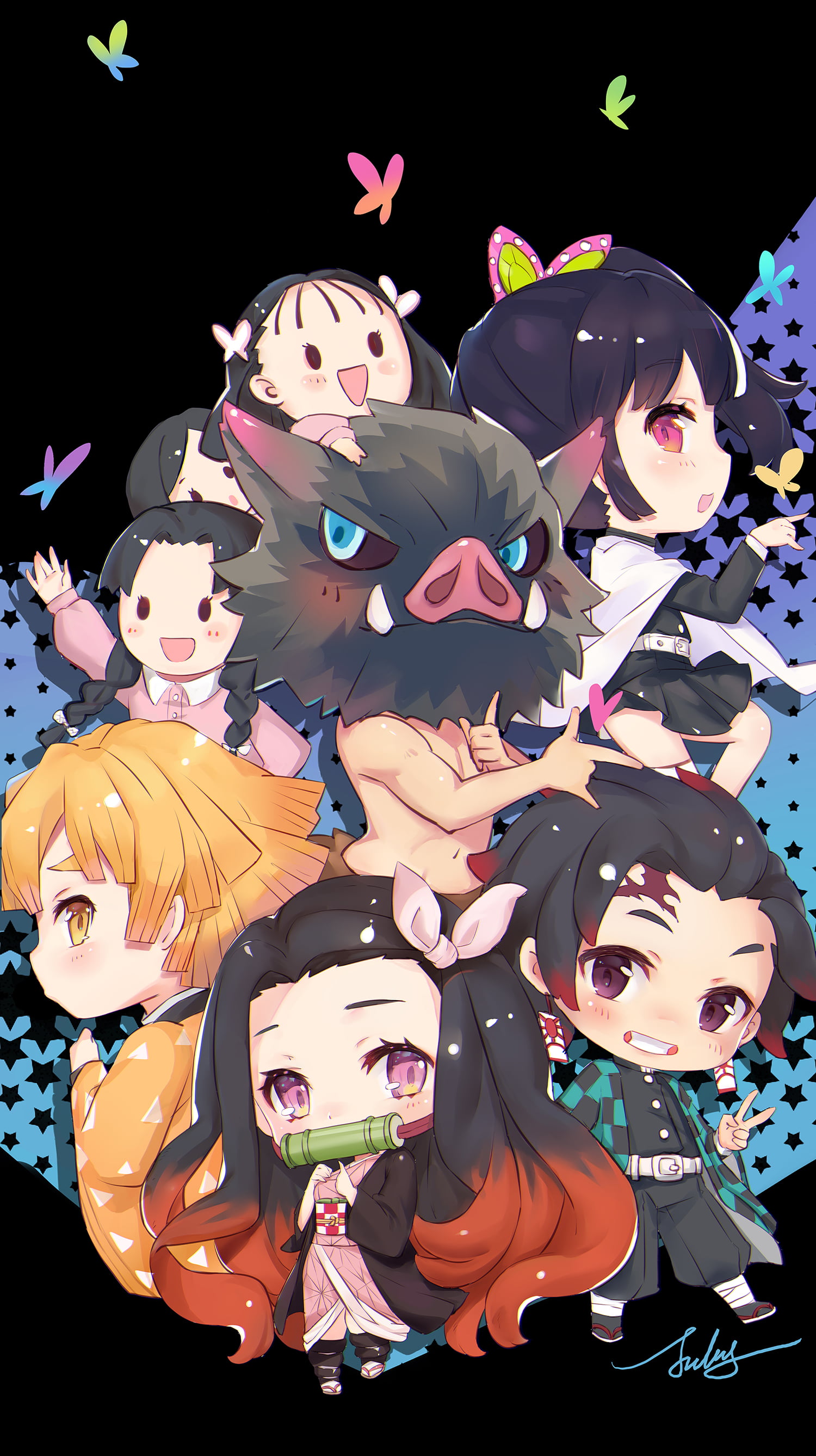 Tanjiro X Kanao Chibi, butterflies, kimetsu no yaiba