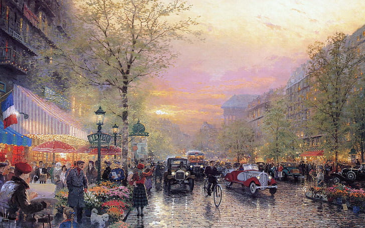 Thomas Kinkade Cityscapes, artdeco, paris, the boulevard des lumieres at dusk, painting Free HD Wallpaper