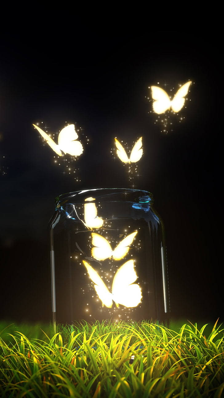 White Glowing Butterflies, flying, bottle, burning, night